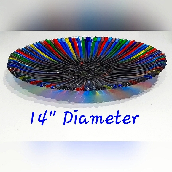14"🌈Stunning Colorful Fused Glass Art Primary Colors Rainbow Explosion Unsigned - Picture 3 of 9